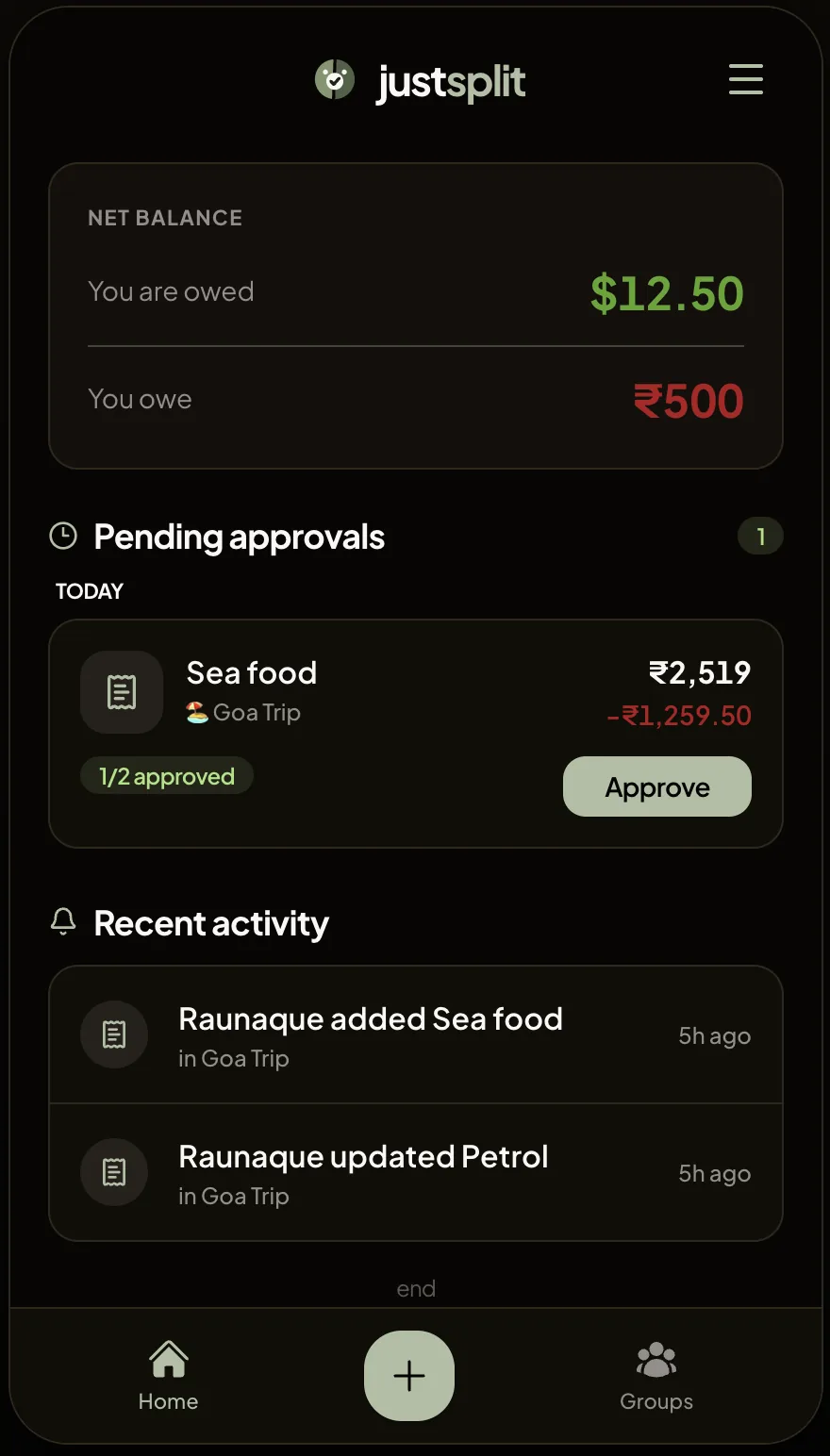 justsplit dashboard showing net balances, pending approvals, and recent activity